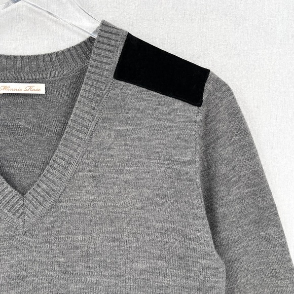 MINNIE ROSE Sweater Women S Gray Merino V-neck Long Sleeve Leather Elbow Patch - Picture 6 of 12
